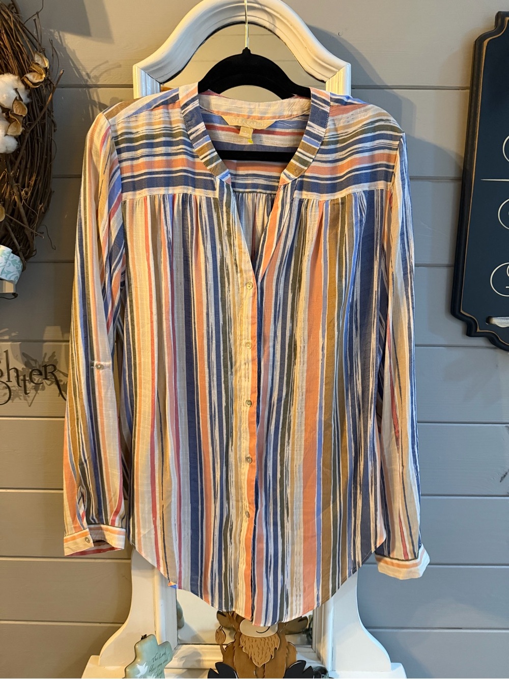 Woven Multi-Stripe Button-Front Blouse in Blue & Peach